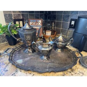 Gorgeous Antique Reed and Barton Art Deco Silver Plated Tea set #3690 with tray